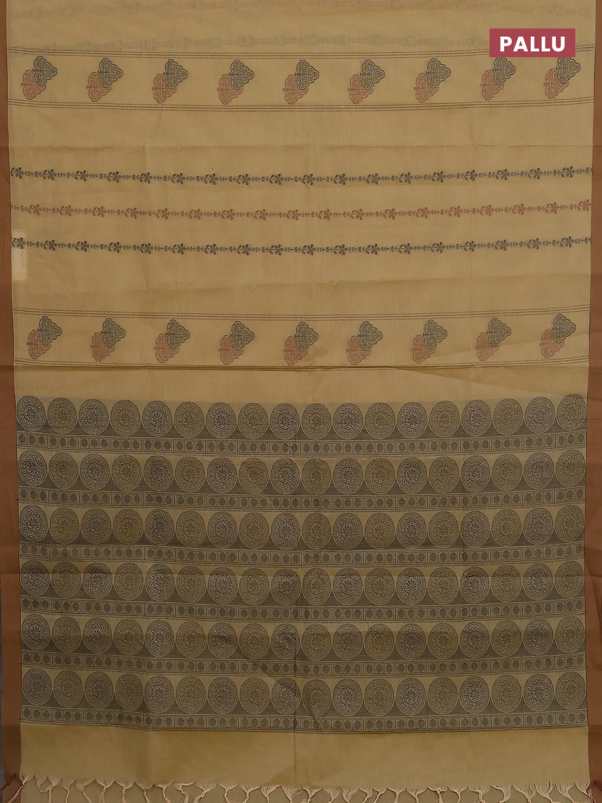Nithyam cotton saree elaichi green and brown with allover thread weaves & buttas and simple border - Image 3