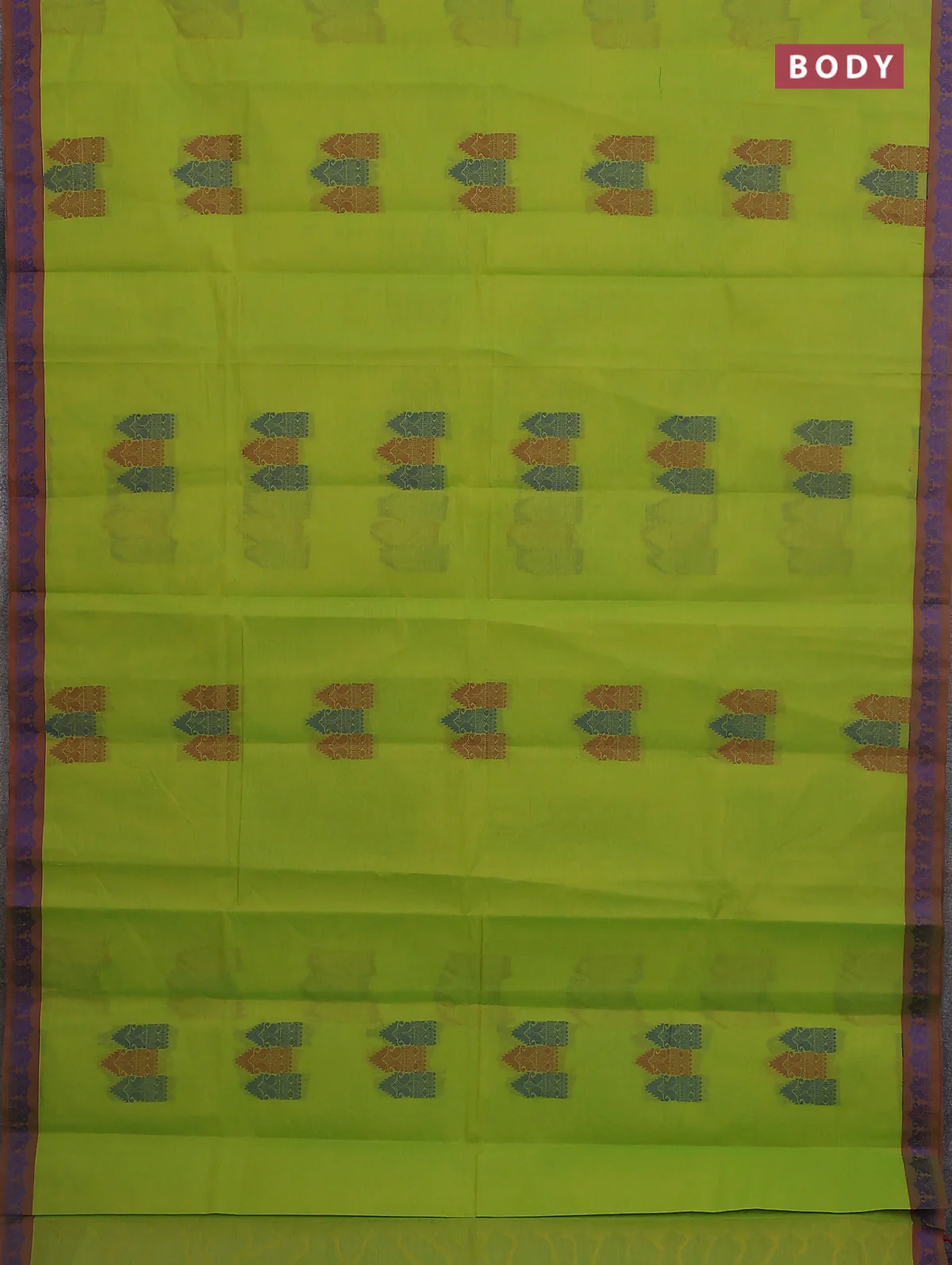 Nithyam cotton saree fluorescent green with allover thread woven buttas and paisley thread woven border - Image 2
