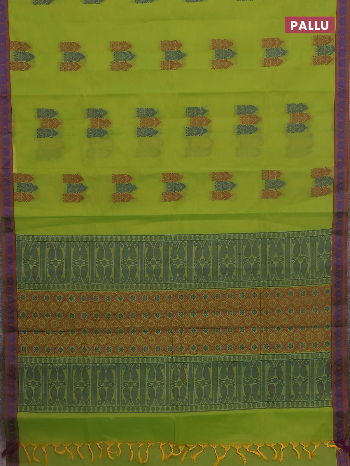 Nithyam cotton saree fluorescent green with allover thread woven buttas and paisley thread woven border - Image 3
