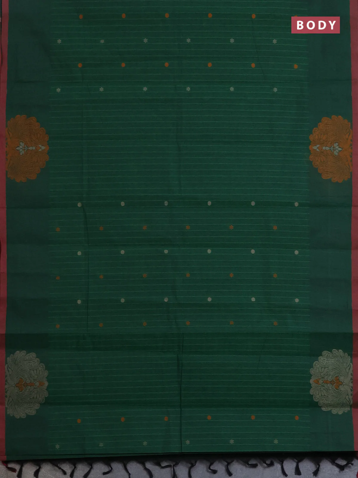 Nithyam cotton saree green and maroon with allover stripe pattern & thread buttas and simple border - Image 2