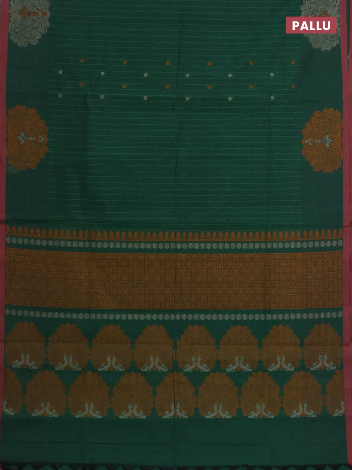 Nithyam cotton saree green and maroon with allover stripe pattern & thread buttas and simple border - Image 3
