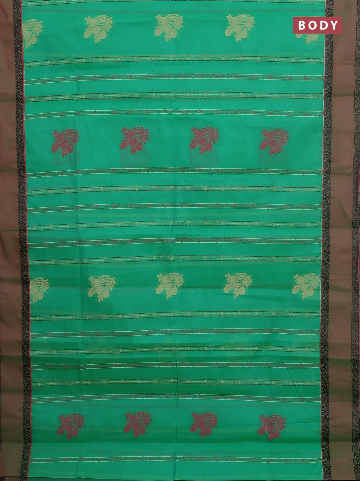 Nithyam cotton saree green and pink with allover thread woven stripes pattern & buttas and rettapet thread woven border - Image 2