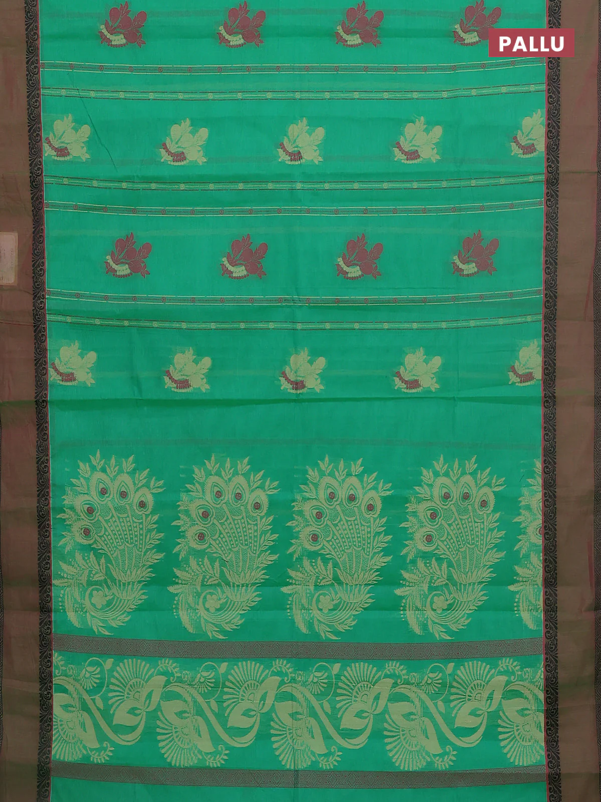 Nithyam cotton saree green and pink with allover thread woven stripes pattern & buttas and rettapet thread woven border - Image 3