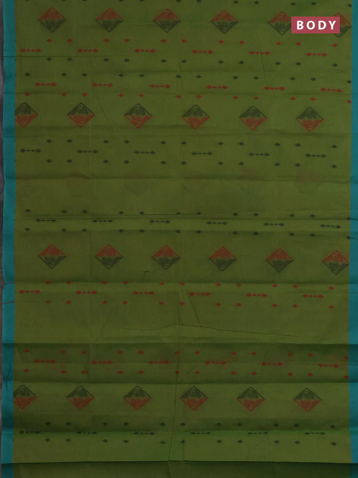 Nithyam cotton saree green and teal green with thread woven geometric buttas and simple border - Image 2
