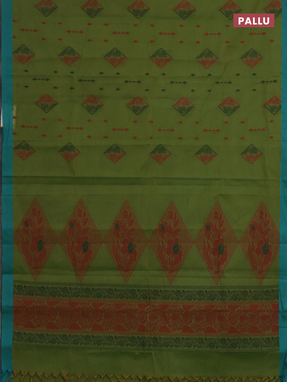 Nithyam cotton saree green and teal green with thread woven geometric buttas and simple border - Image 3