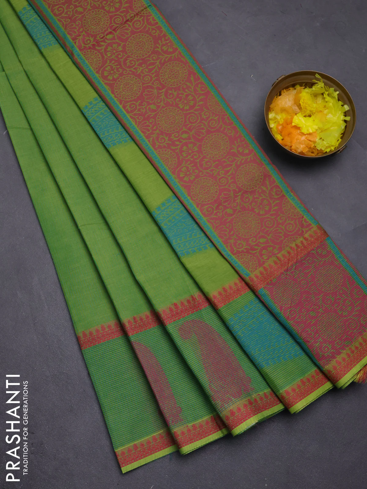Nithyam cotton saree green shade with allover thread woven stripe pattern and thread woven butta border