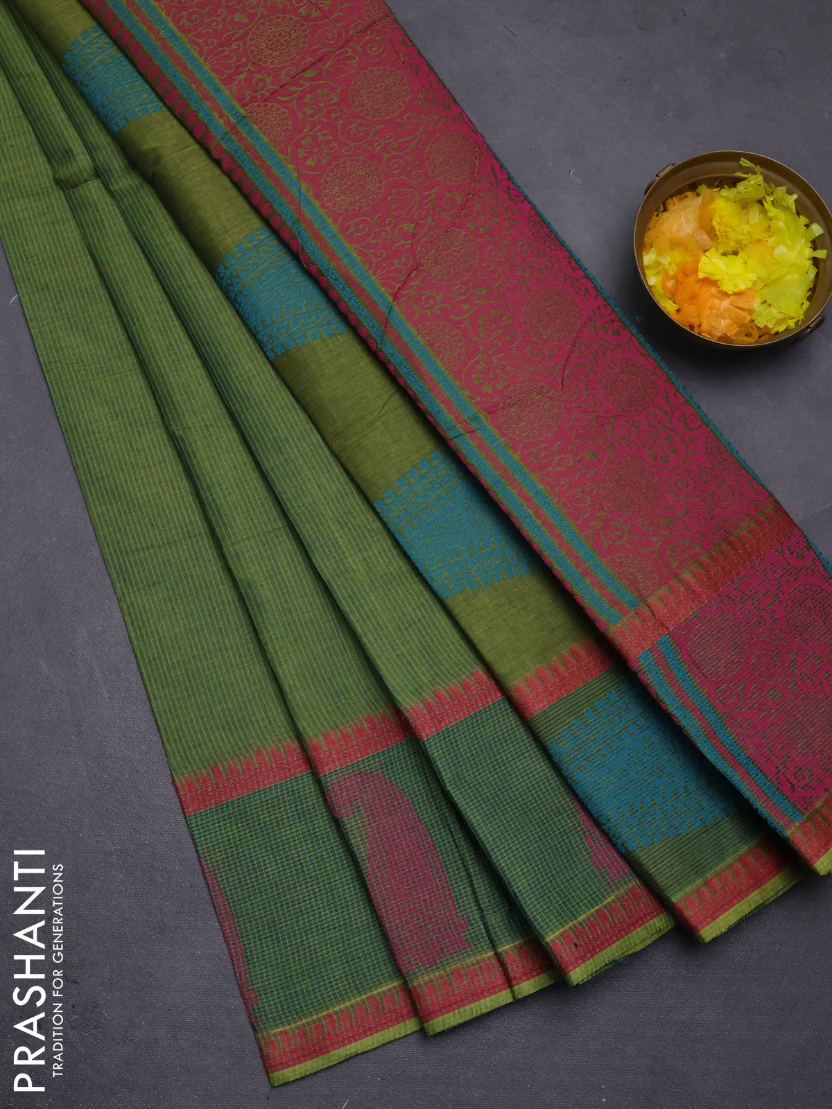 Nithyam cotton saree green with allover thread woven stripe pattern and thread woven butta border