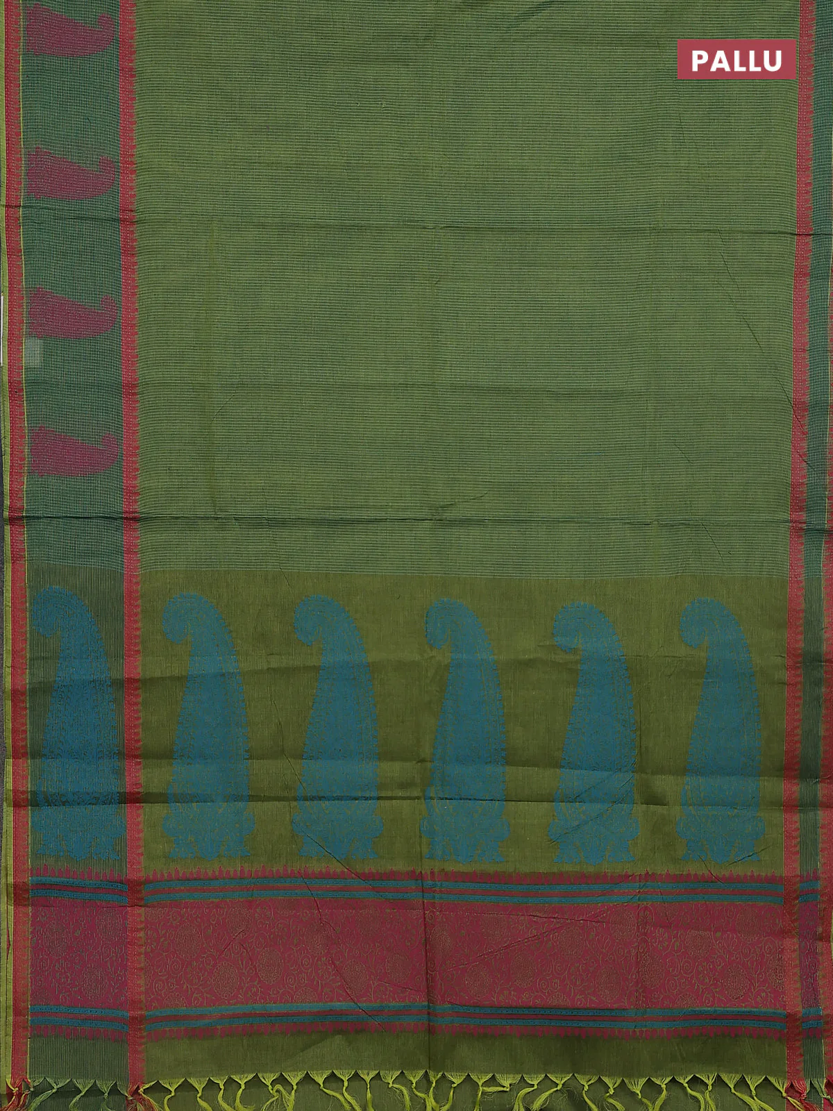 Nithyam cotton saree green with allover thread woven stripe pattern and thread woven butta border - Image 3