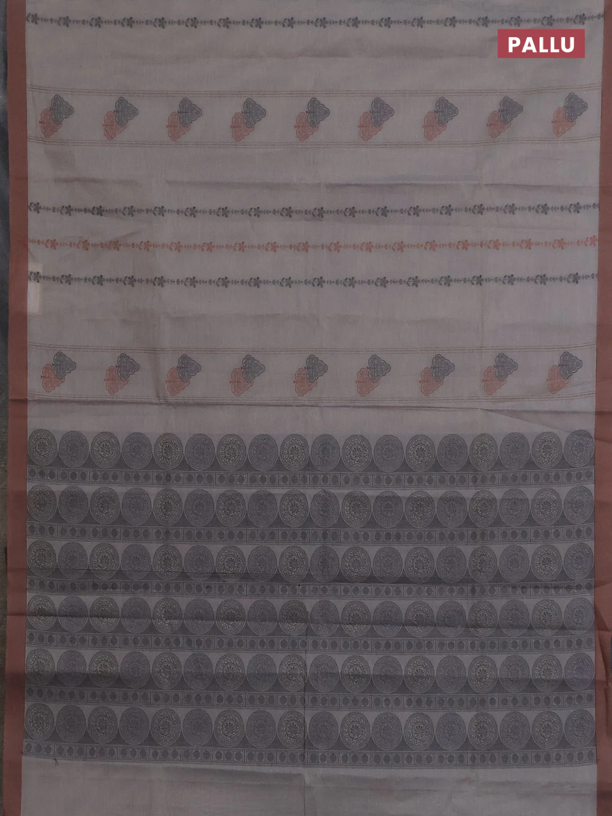 Nithyam cotton saree grey and brown with allover thread weaves & buttas and simple border - Image 3