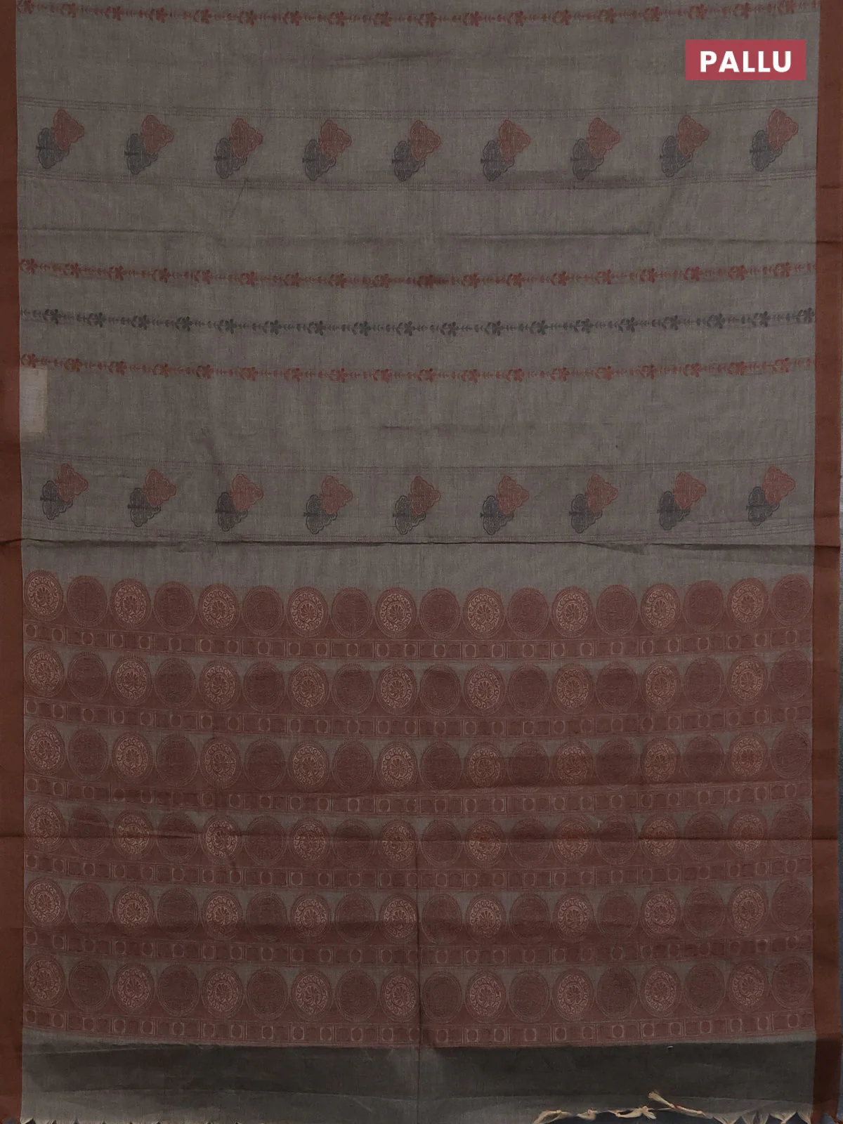 Nithyam cotton saree grey shade and brown with allover thread weaves & buttas and simple border - Image 3