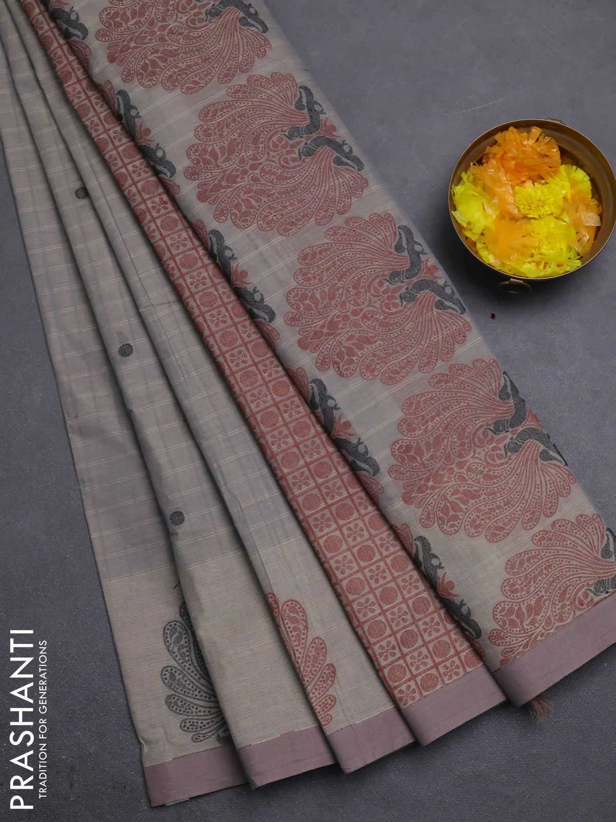 Nithyam cotton saree grey shade with allover stripe pattern & thread buttas and simple border