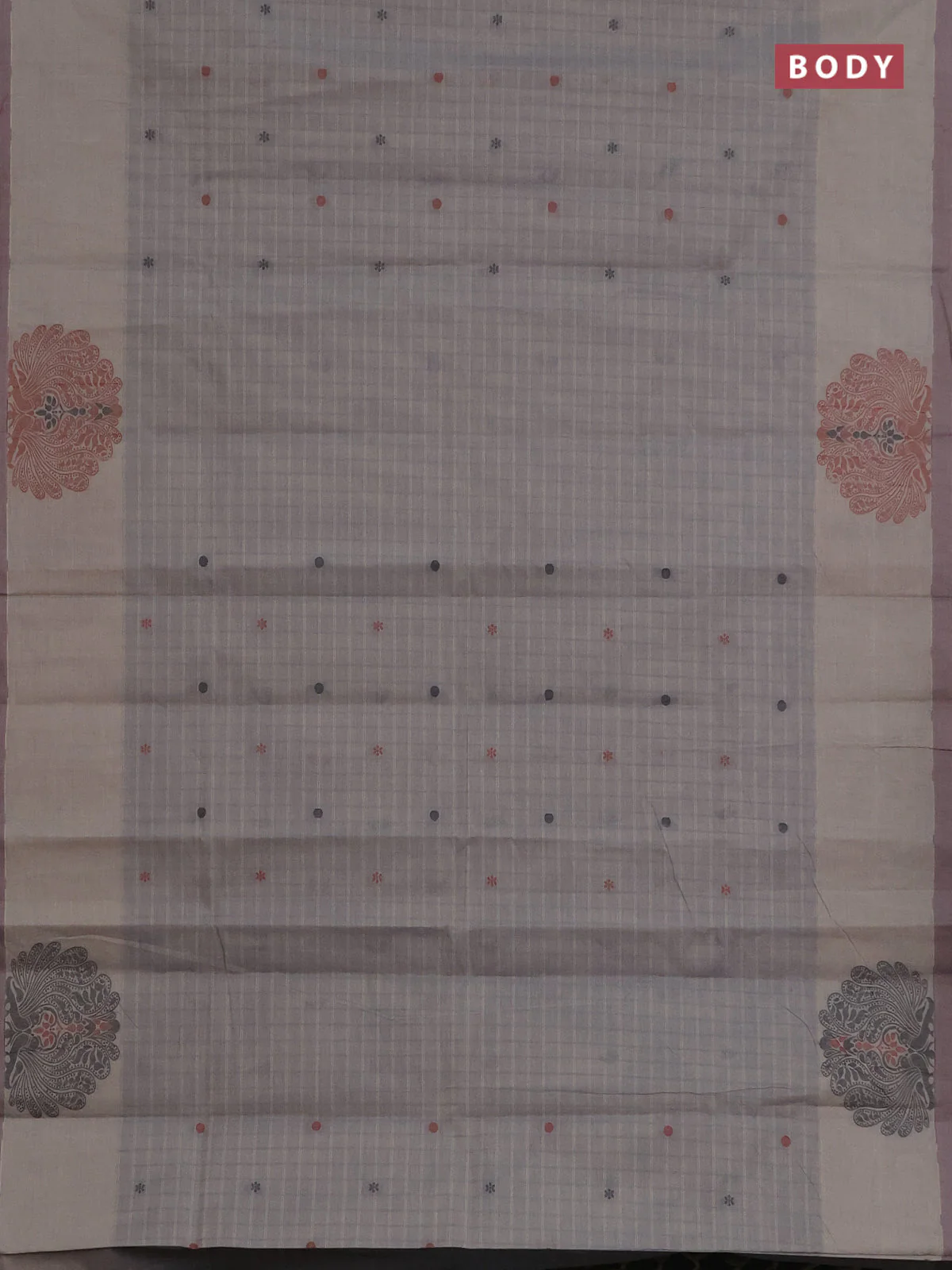 Nithyam cotton saree grey shade with allover stripe pattern & thread buttas and simple border - Image 2