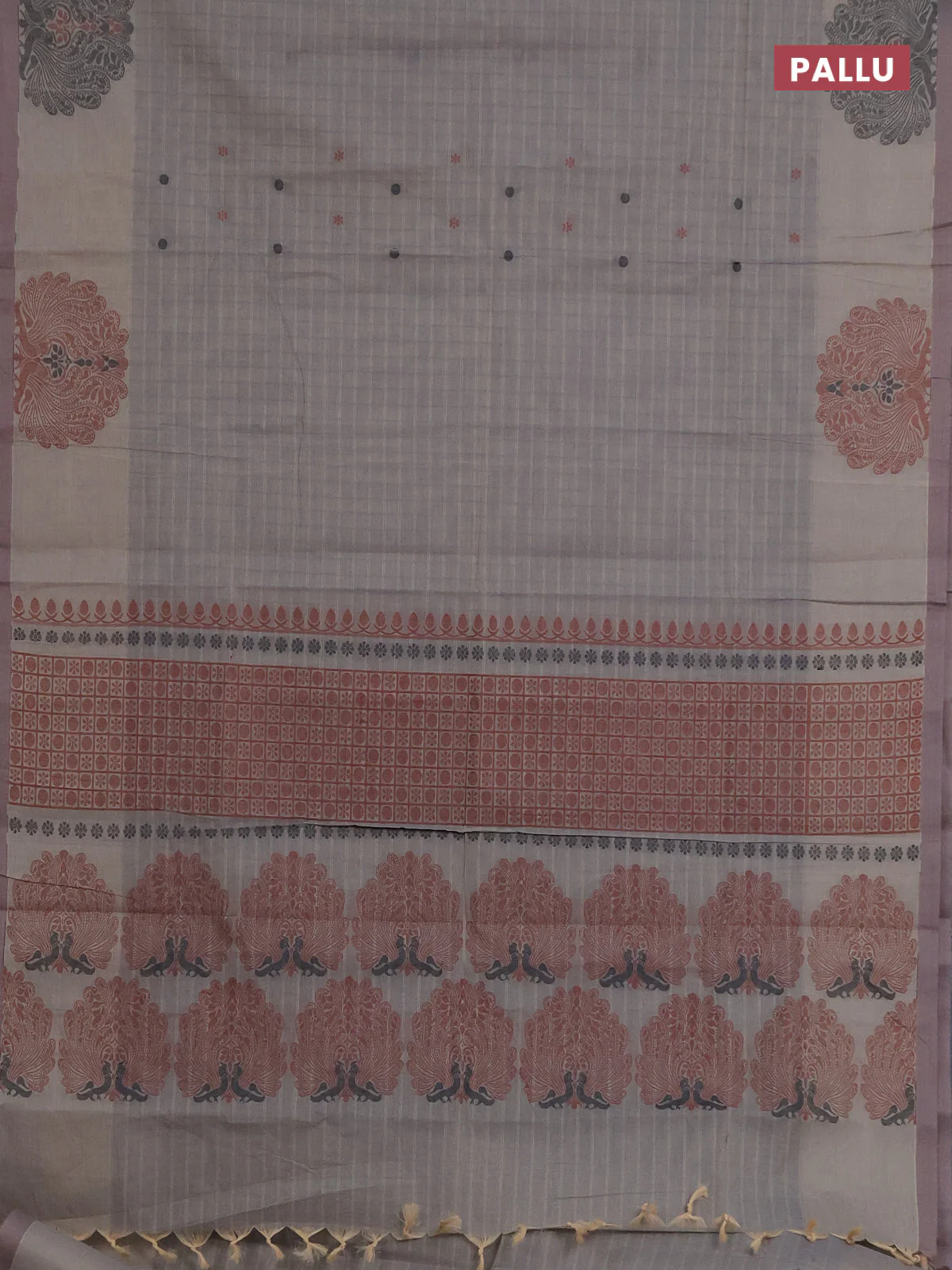 Nithyam cotton saree grey shade with allover stripe pattern & thread buttas and simple border - Image 3