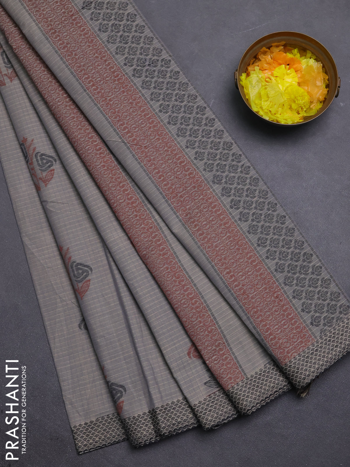 Nithyam cotton saree grey with allover checks pattern & buttas and thread woven border