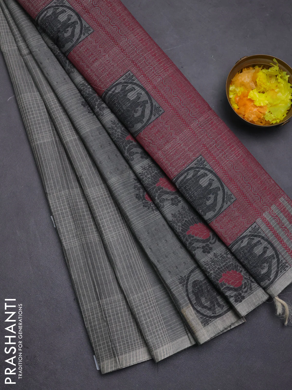 Nithyam cotton saree grey with allover thread checks pattern & buttas in borderless style