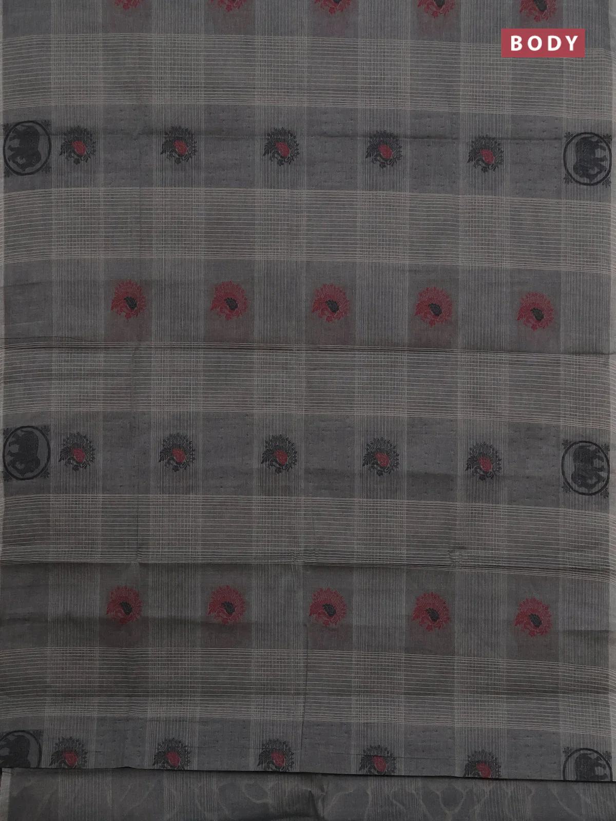Nithyam cotton saree grey with allover thread checks pattern & buttas in borderless style - Image 2