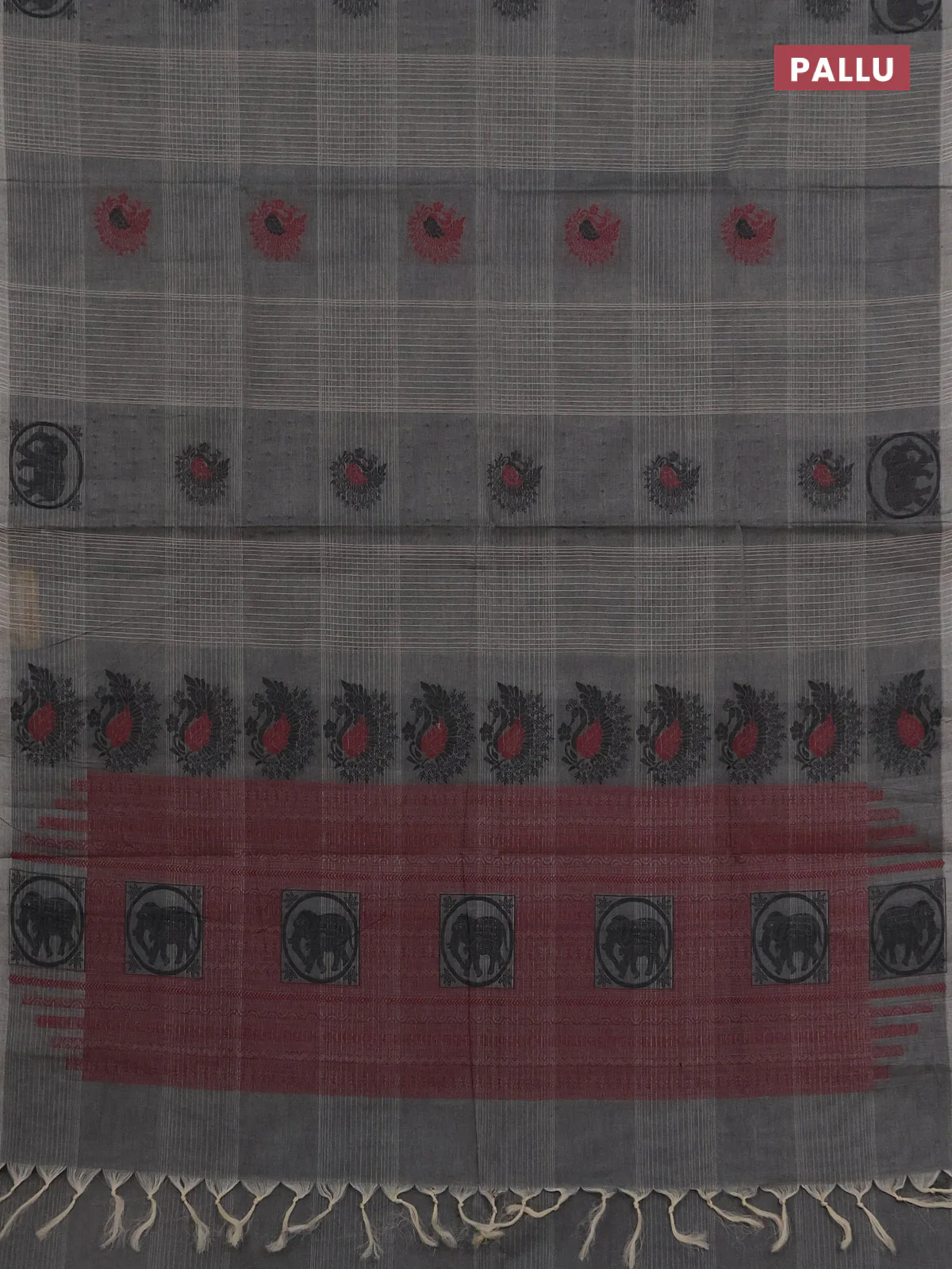 Nithyam cotton saree grey with allover thread checks pattern & buttas in borderless style - Image 3