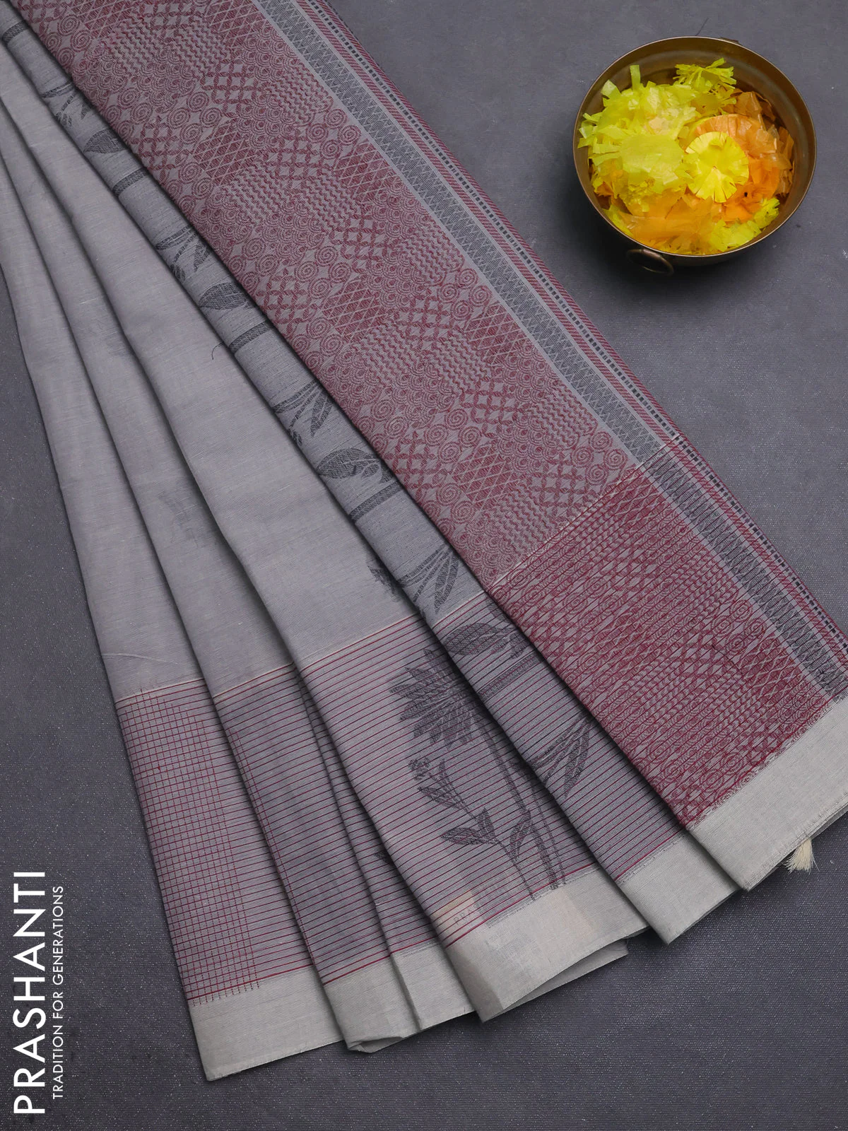 Nithyam cotton saree grey with thread woven buttas and thread woven border