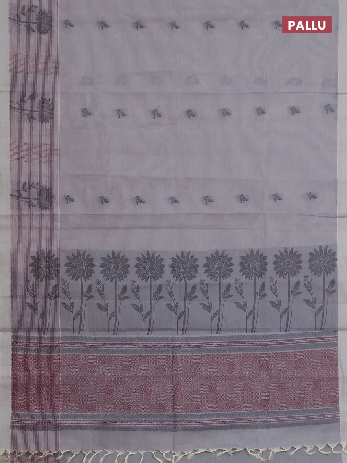 Nithyam cotton saree grey with thread woven buttas and thread woven border - Image 3