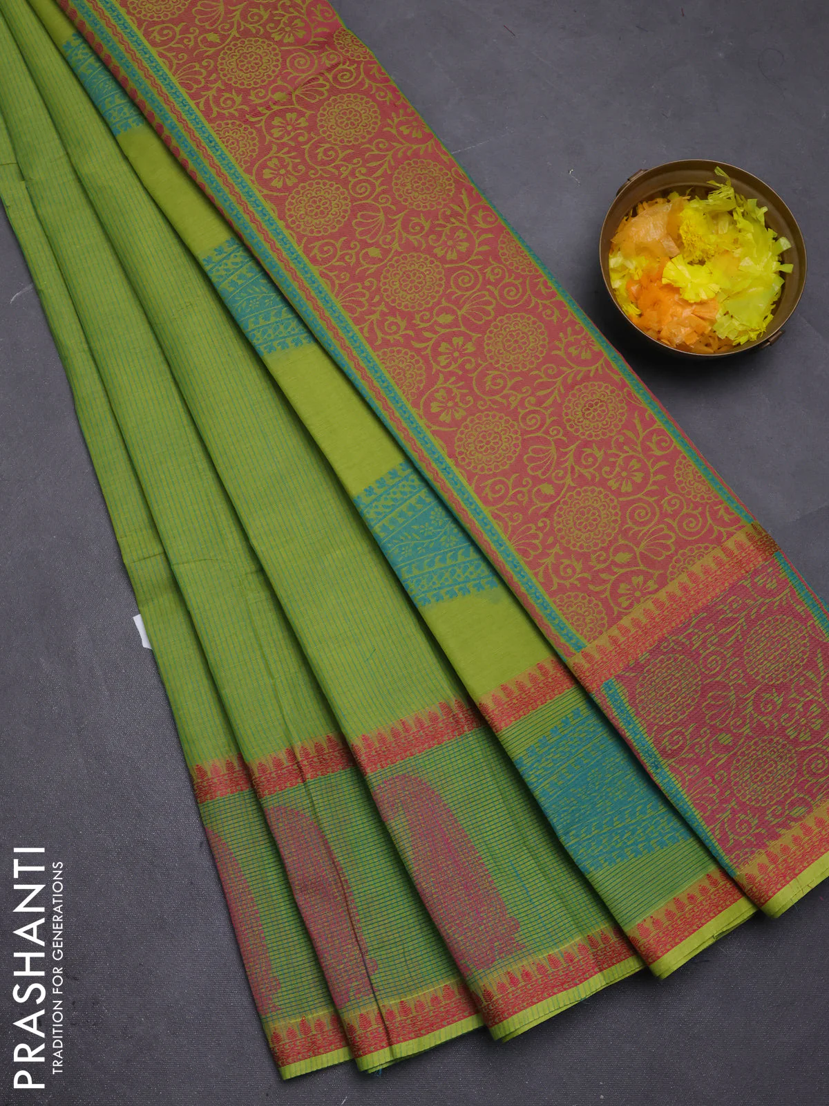 Nithyam cotton saree light green with allover thread woven stripe pattern and thread woven butta border