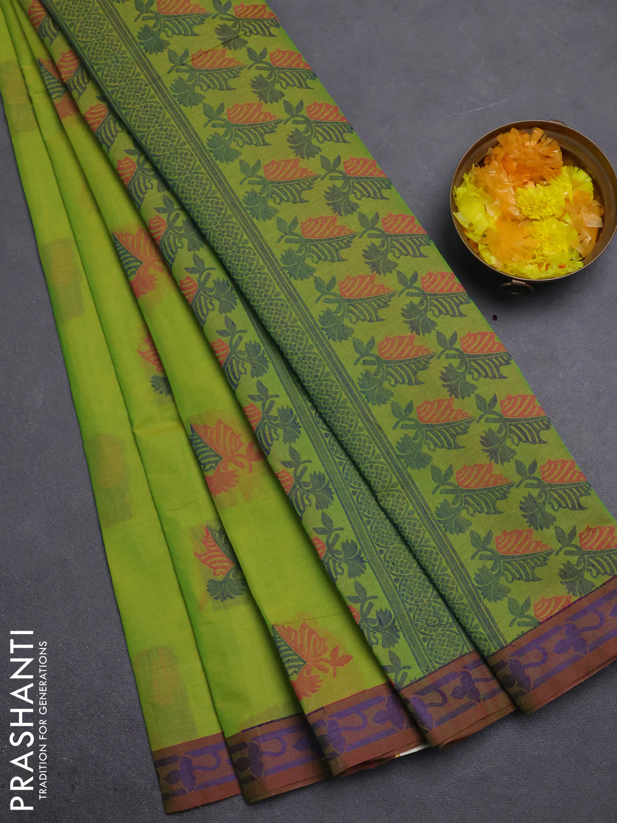 Nithyam cotton saree light green with thread woven buttas and thread woven border