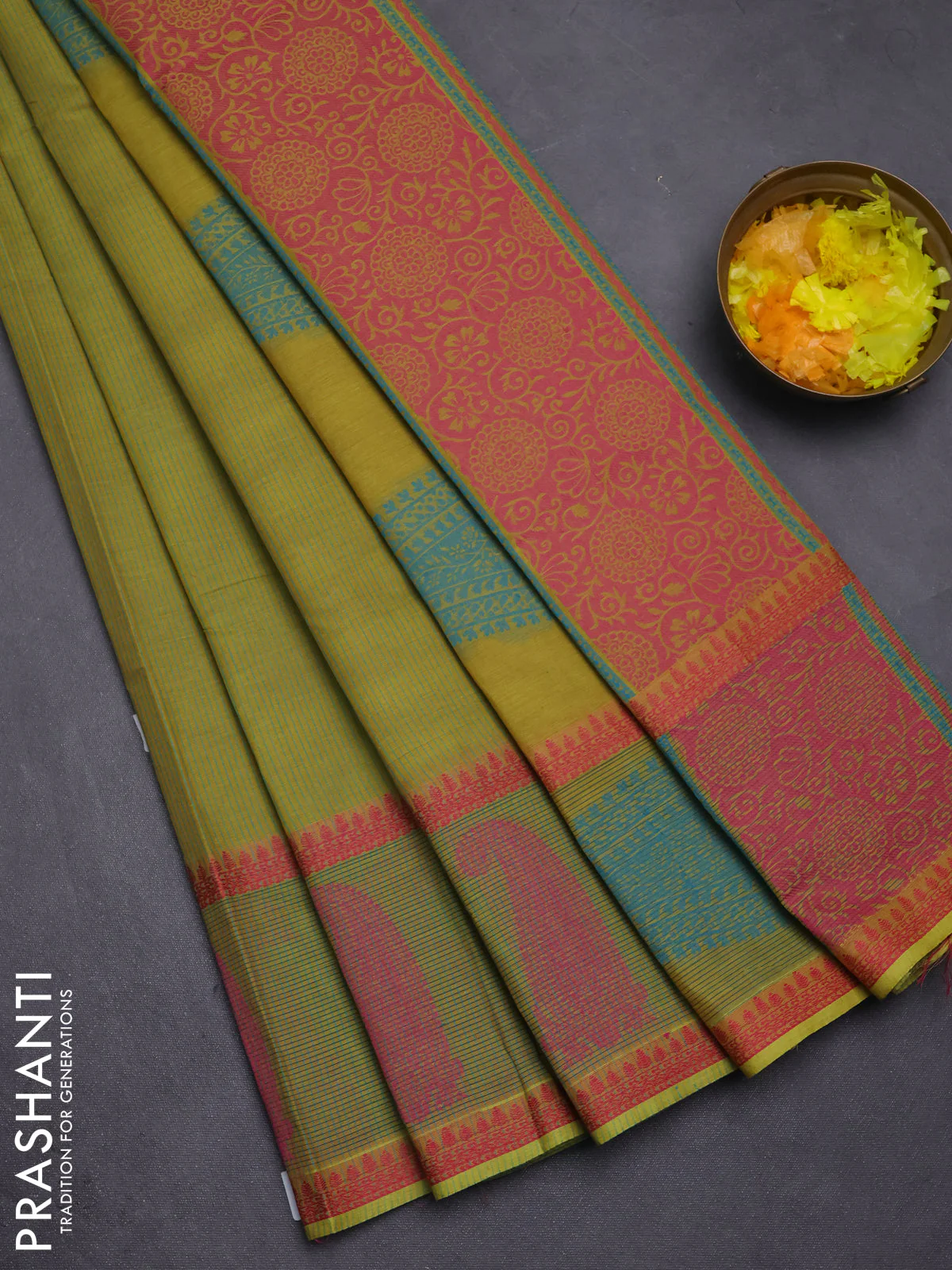 Nithyam cotton saree lime green shade with allover thread woven stripe pattern and thread woven butta border