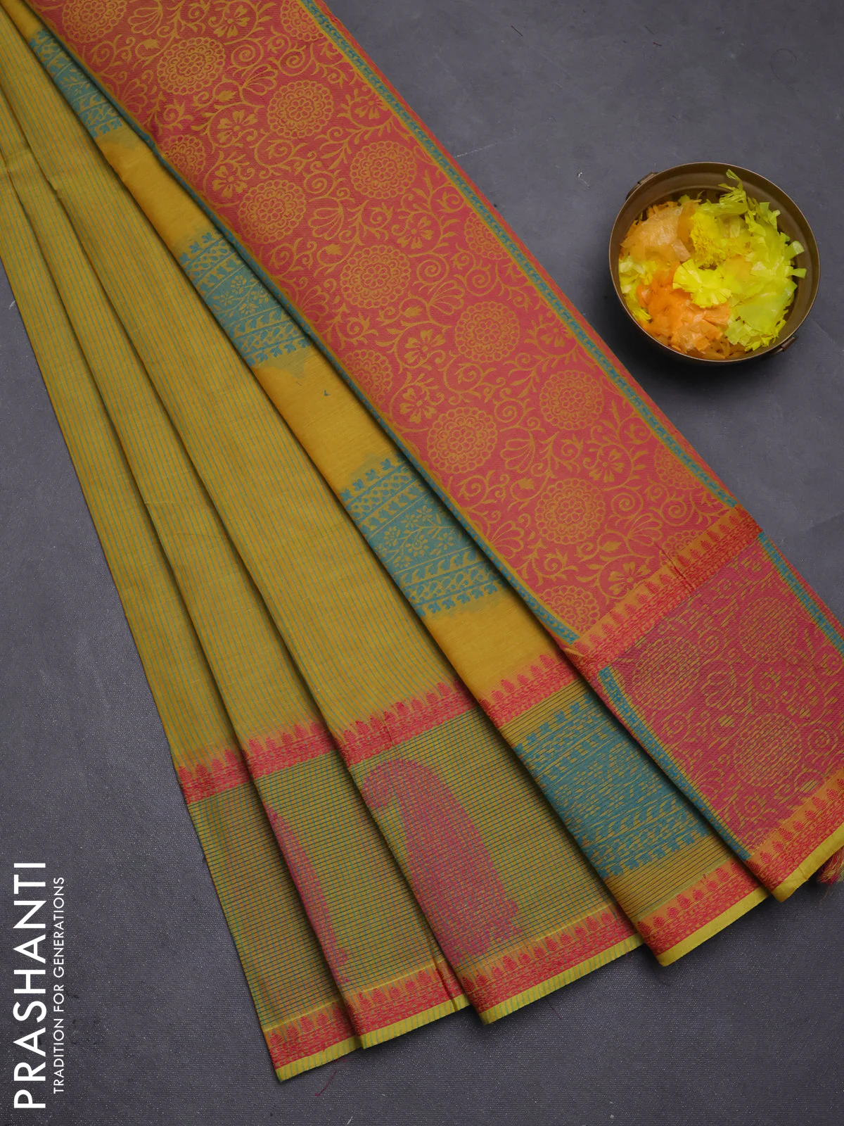 Nithyam cotton saree lime green with allover thread woven stripe pattern and thread woven butta border