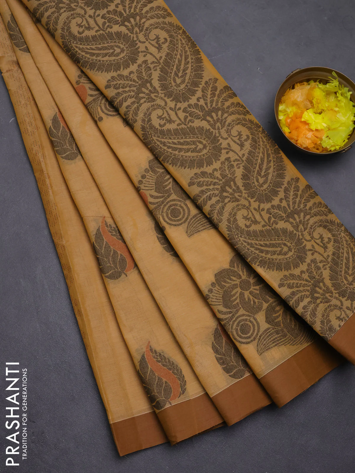 Nithyam cotton saree mustard shade with thread woven buttas and simple border
