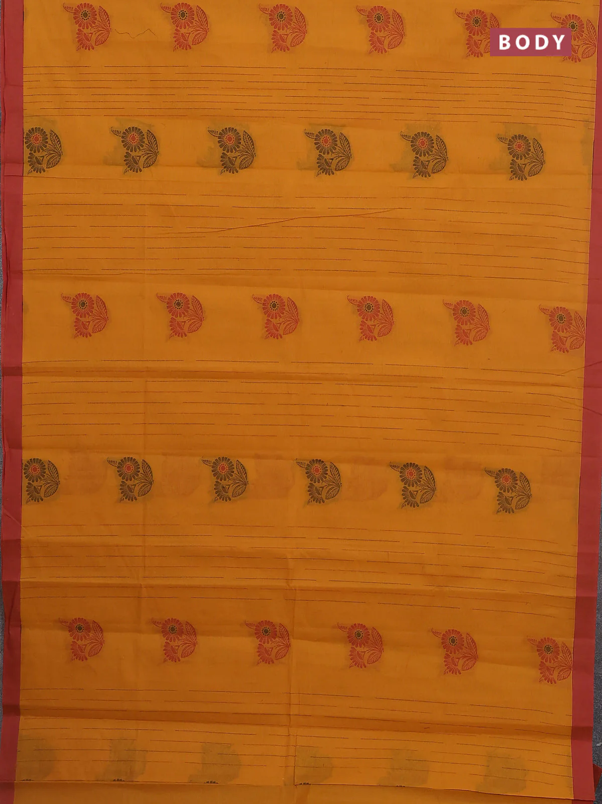 Nithyam cotton saree mustard yellow and dual shade of maroon with allover thread weaves & buttas and simple border - Image 2