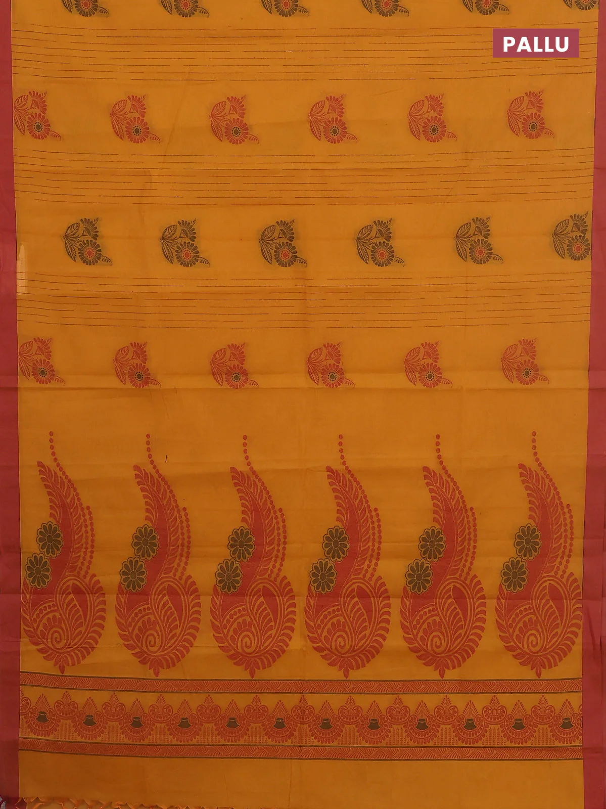 Nithyam cotton saree mustard yellow and dual shade of maroon with allover thread weaves & buttas and simple border - Image 3