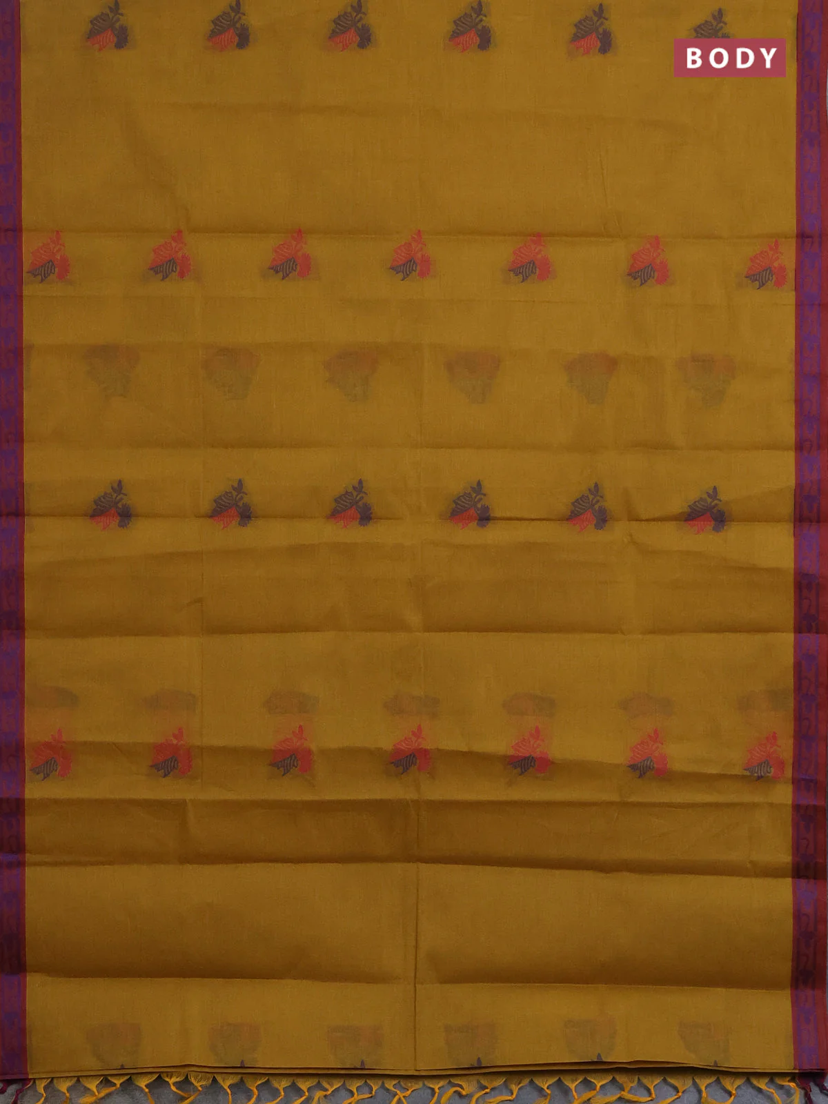 Nithyam cotton saree mustard yellow and maroon with thread woven buttas and thread woven border - Image 2