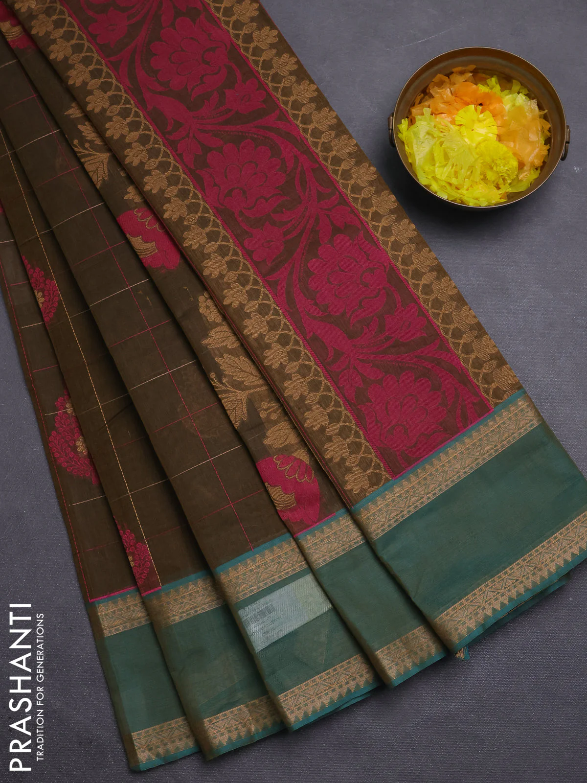 Nithyam cotton saree olive green and teal green with allover thread checks pattern & buttas and rettapet thread woven border