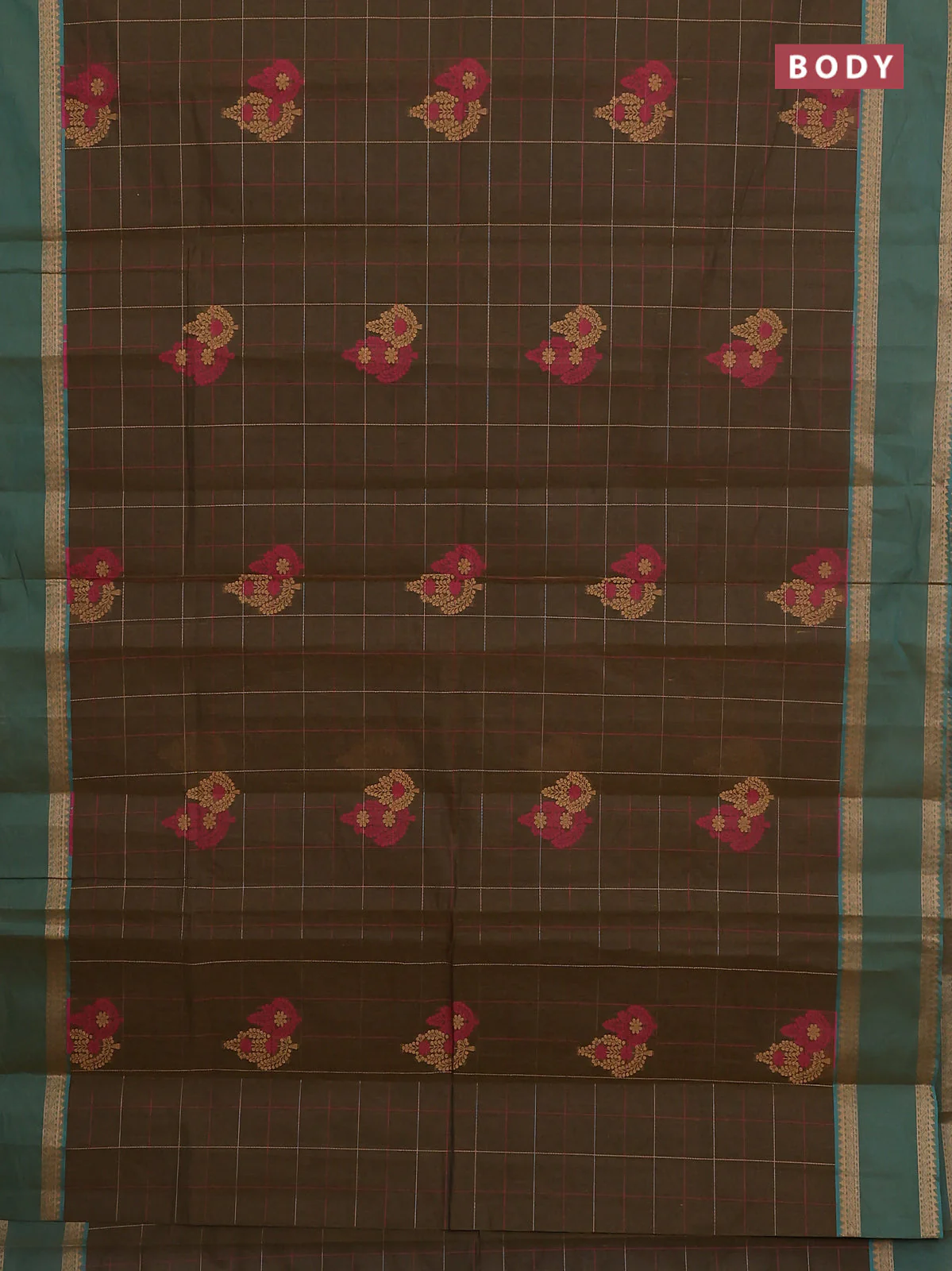 Nithyam cotton saree olive green and teal green with allover thread checks pattern & buttas and rettapet thread woven border - Image 2