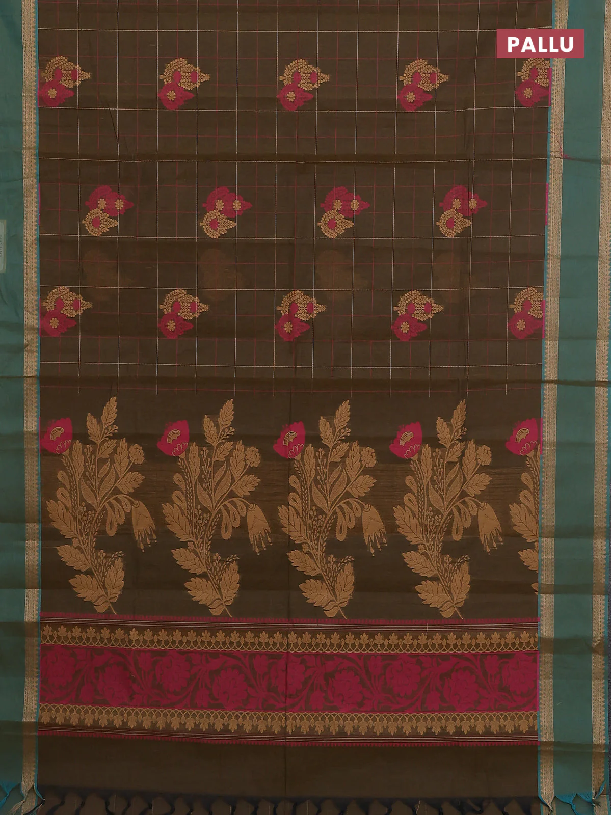 Nithyam cotton saree olive green and teal green with allover thread checks pattern & buttas and rettapet thread woven border - Image 3