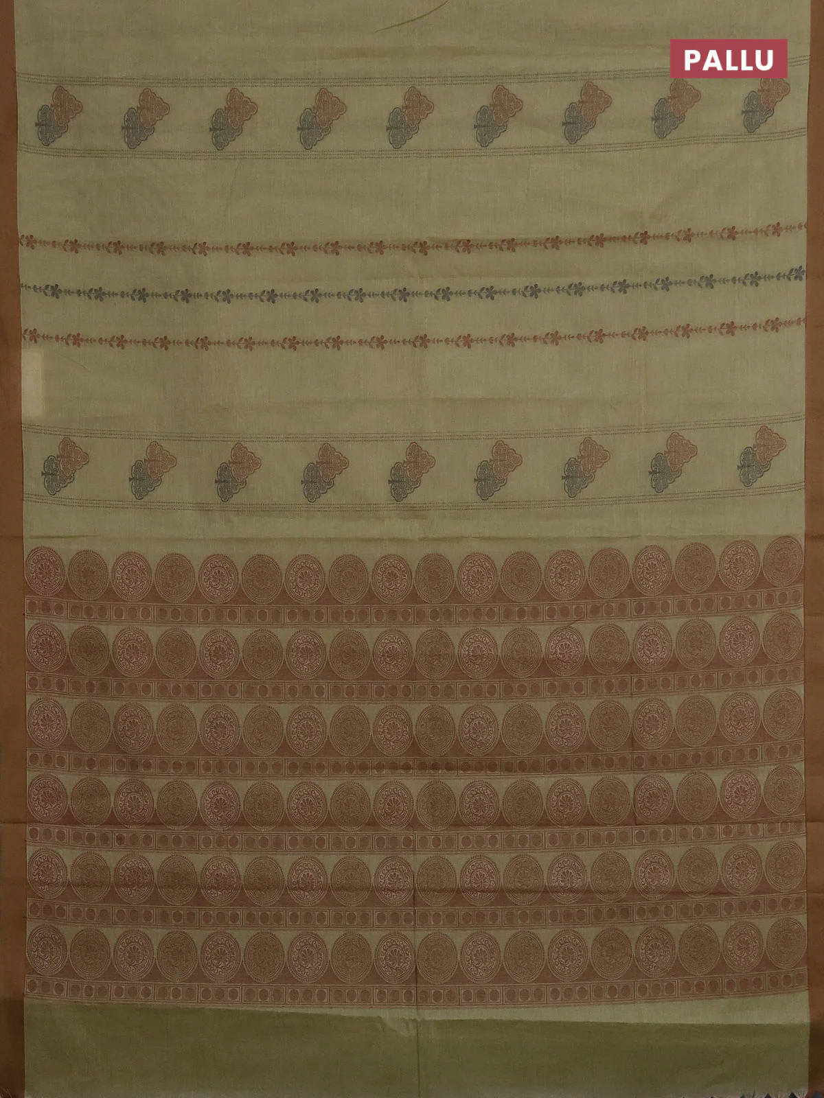Nithyam cotton saree pastel green and brown with allover thread weaves & buttas and simple border - Image 3