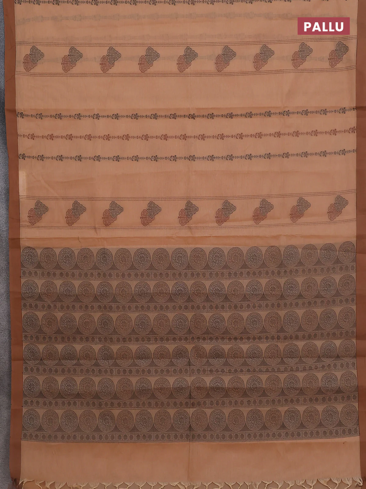 Nithyam cotton saree peach and brown with allover thread weaves & buttas and simple border - Image 3