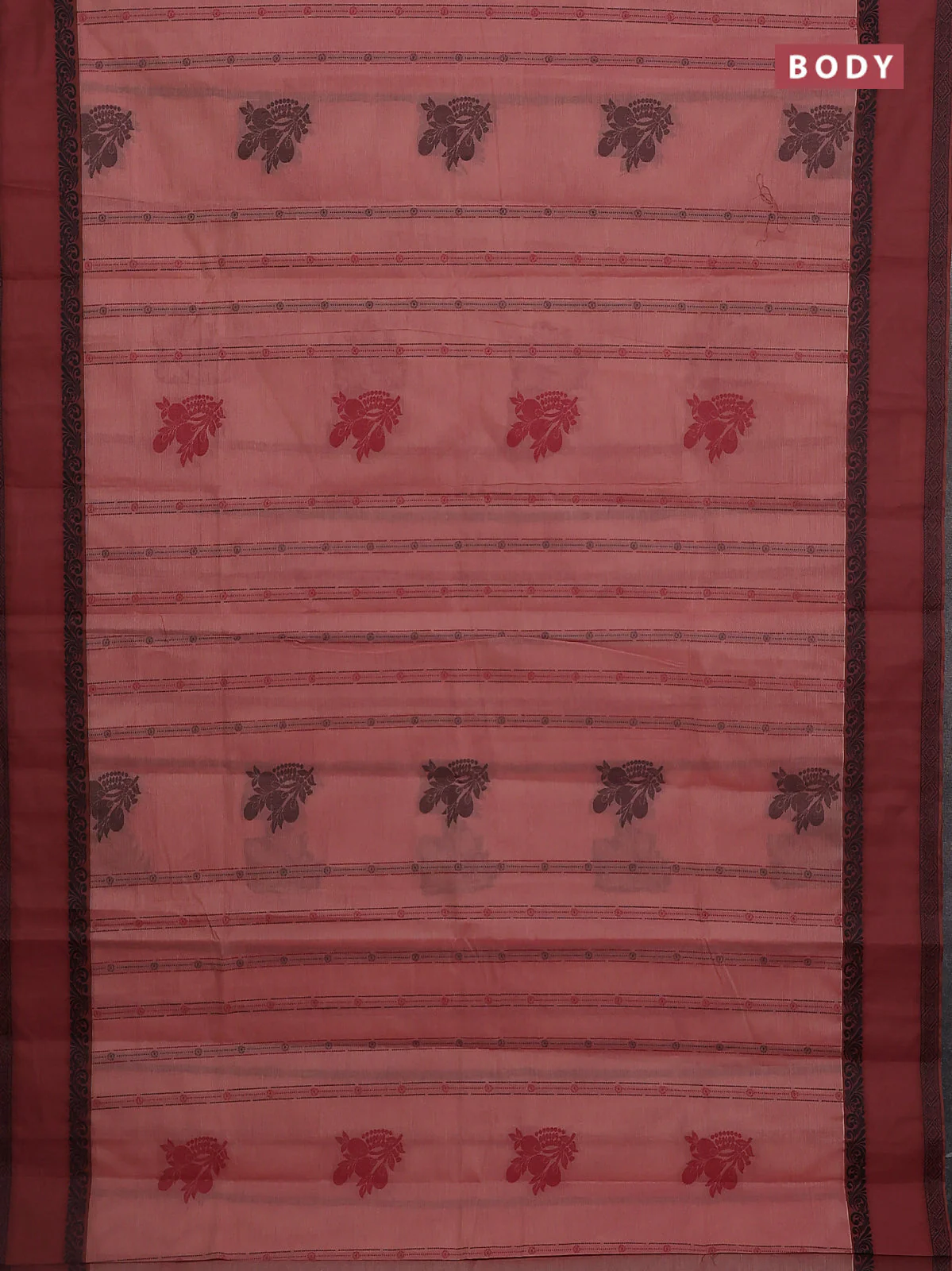 Nithyam cotton saree peach and brown with allover thread woven stripes pattern & buttas and rettapet thread woven border - Image 2