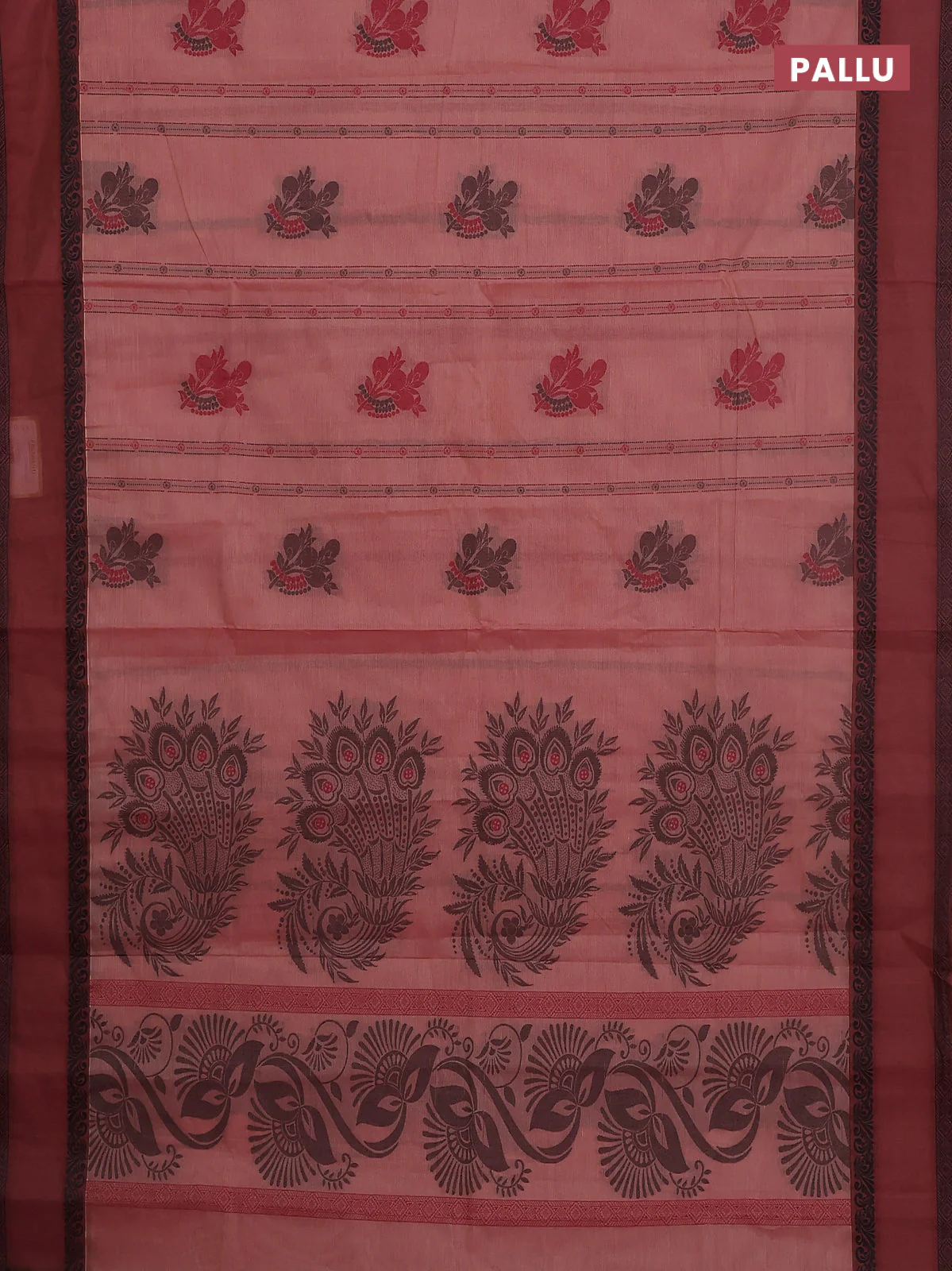 Nithyam cotton saree peach and brown with allover thread woven stripes pattern & buttas and rettapet thread woven border - Image 3