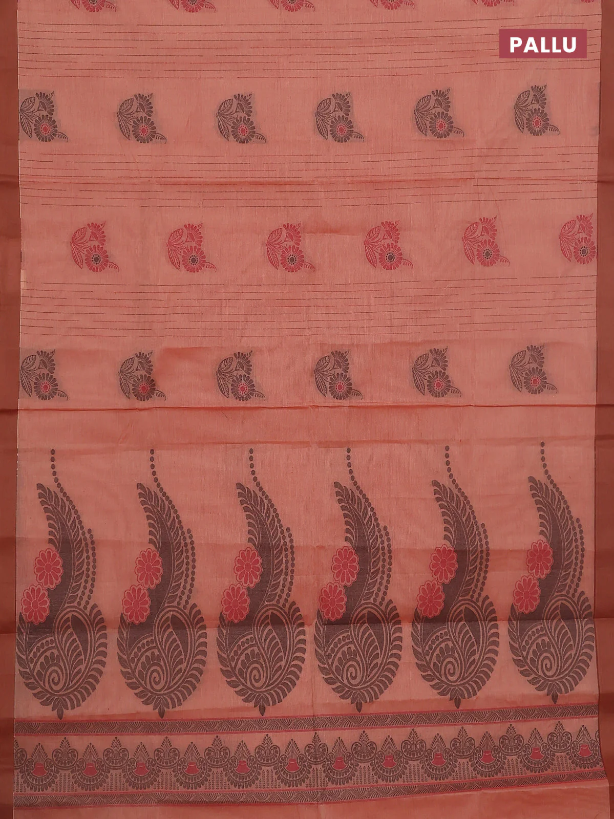 Nithyam cotton saree peach and rust shade with allover thread weaves & buttas and simple border - Image 3