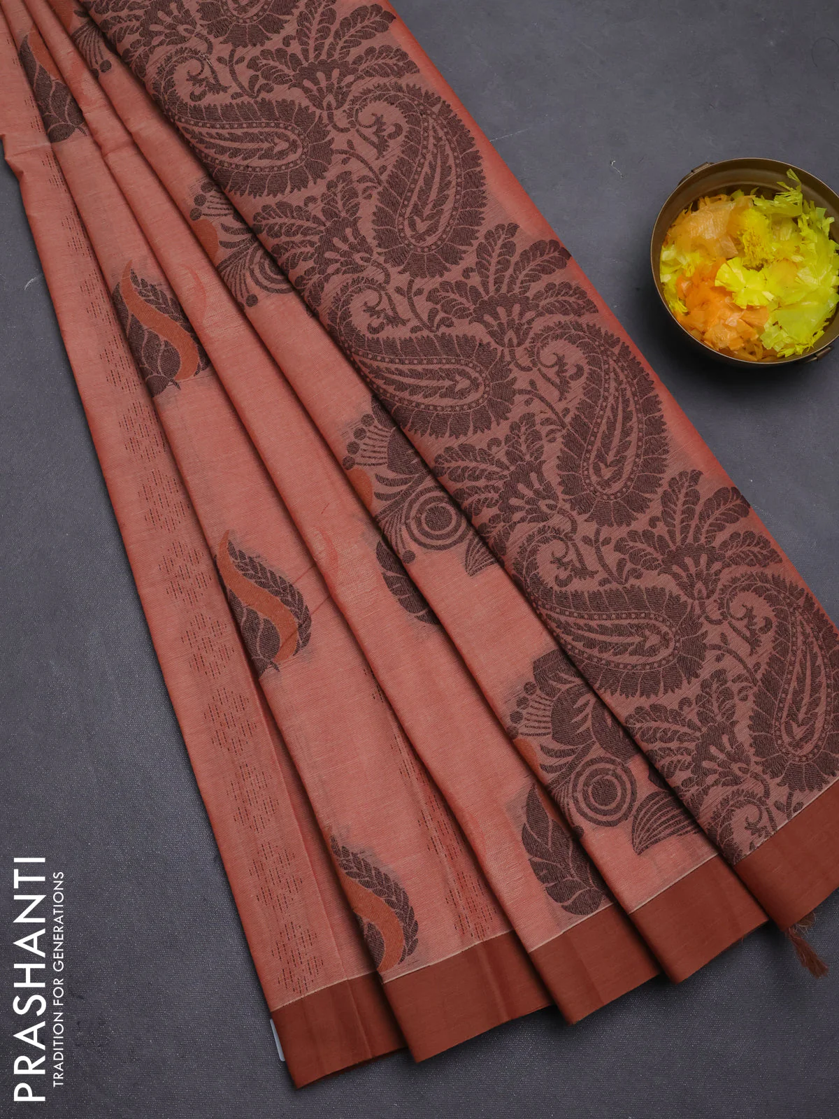 Nithyam cotton saree peach orange with thread woven buttas and simple border