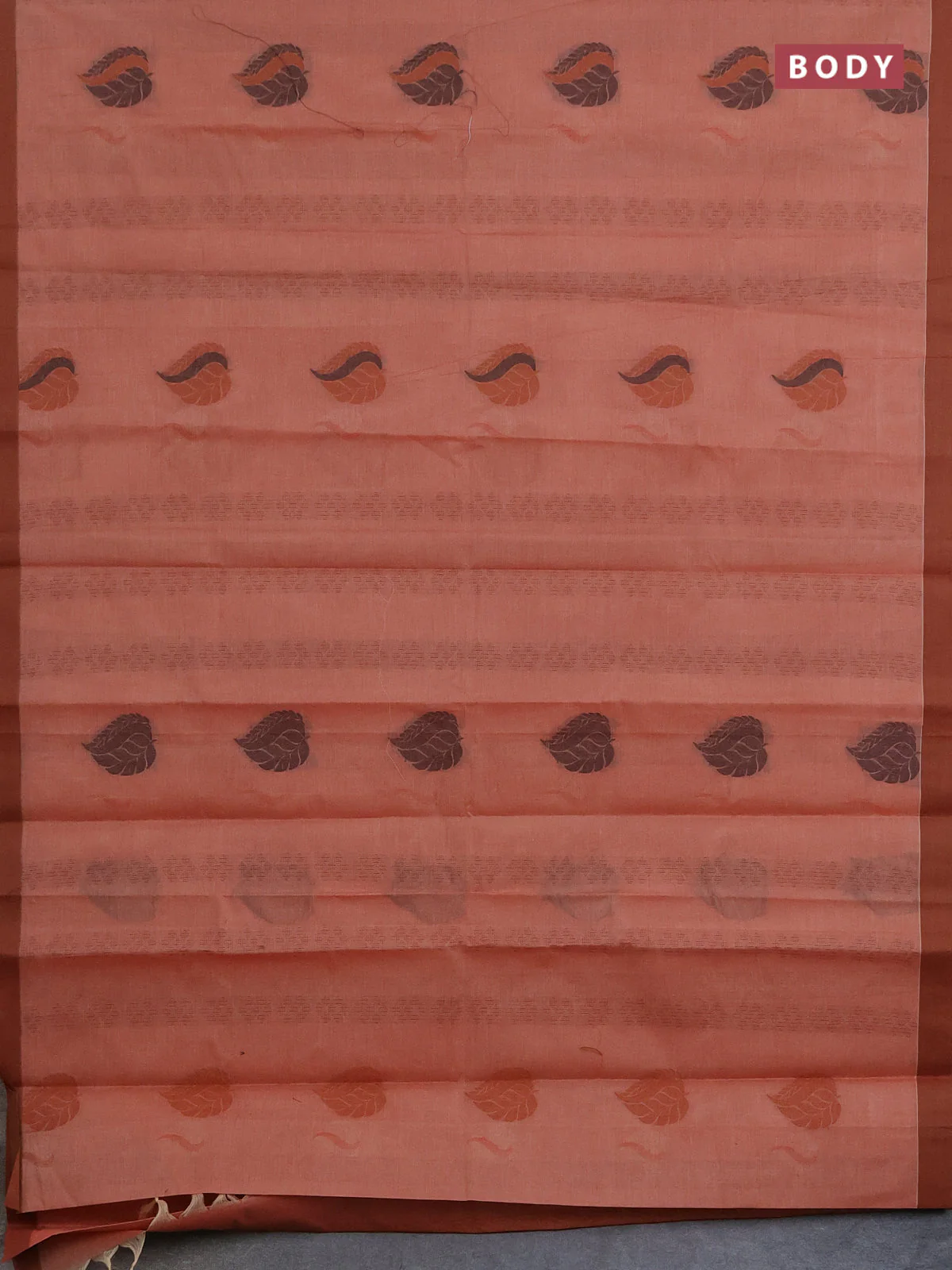 Nithyam cotton saree peach orange with thread woven buttas and simple border - Image 2