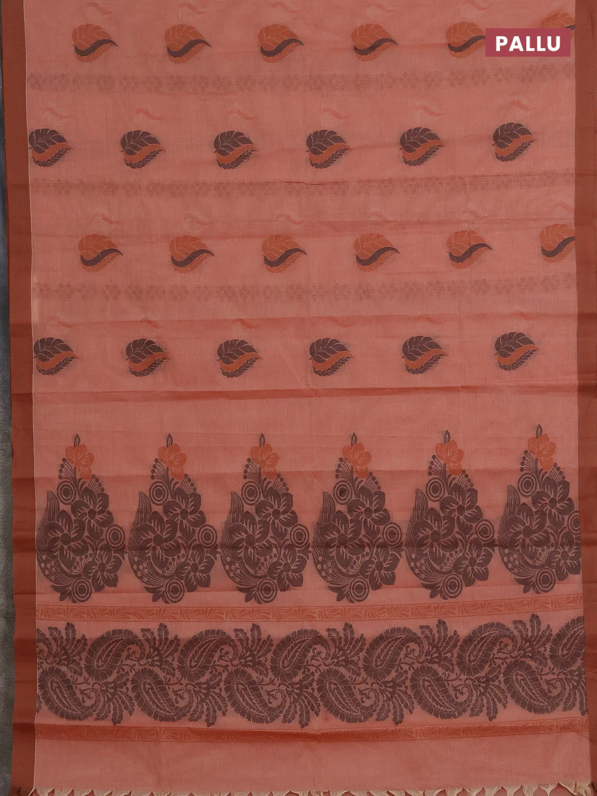 Nithyam cotton saree peach orange with thread woven buttas and simple border - Image 3