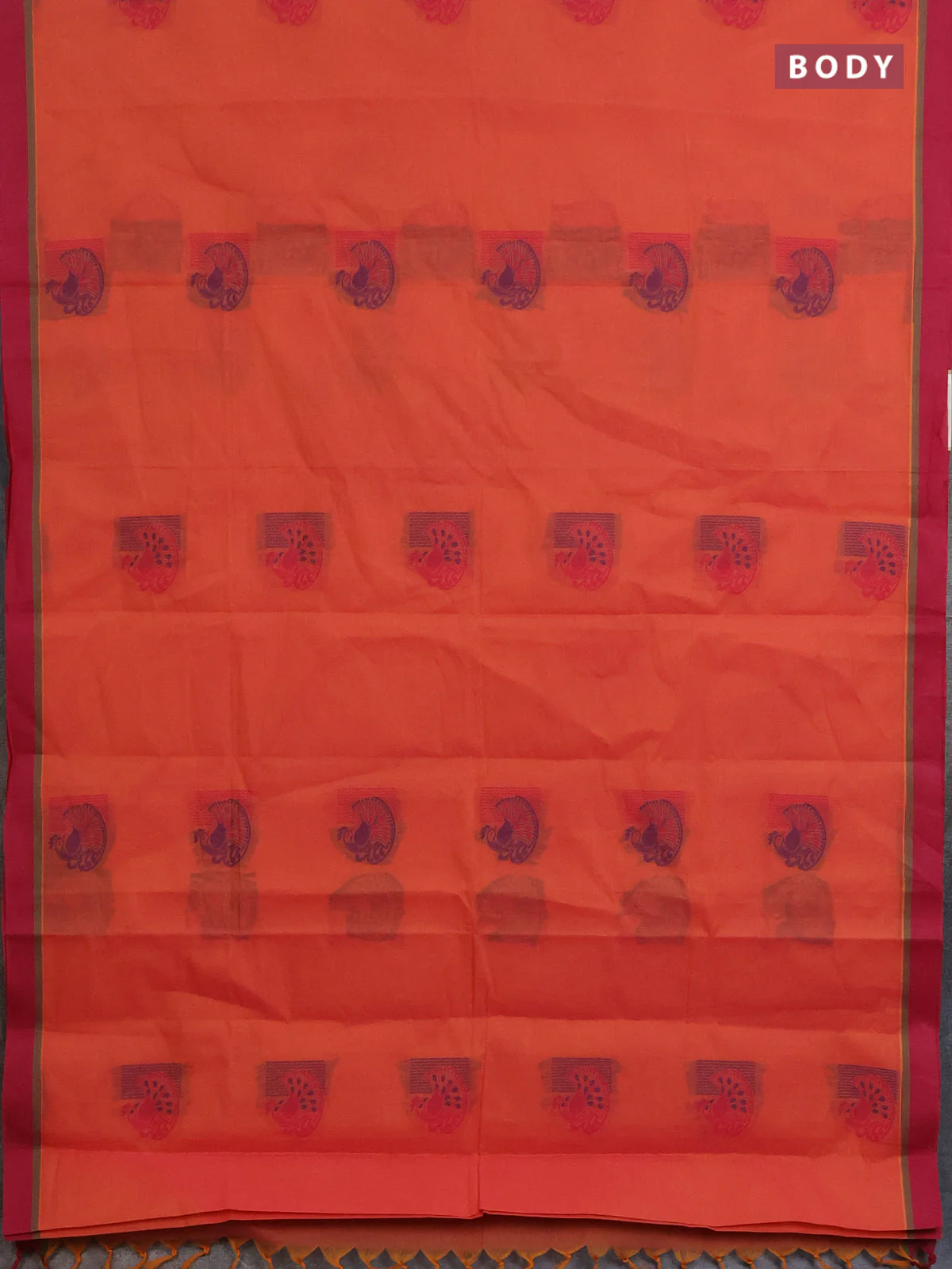 Nithyam cotton saree pinkish orange and maroon with thread woven buttas and simple border - Image 2
