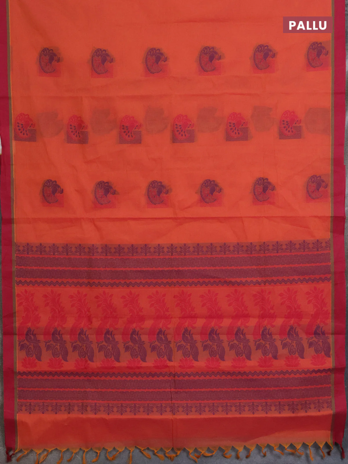 Nithyam cotton saree pinkish orange and maroon with thread woven buttas and simple border - Image 3