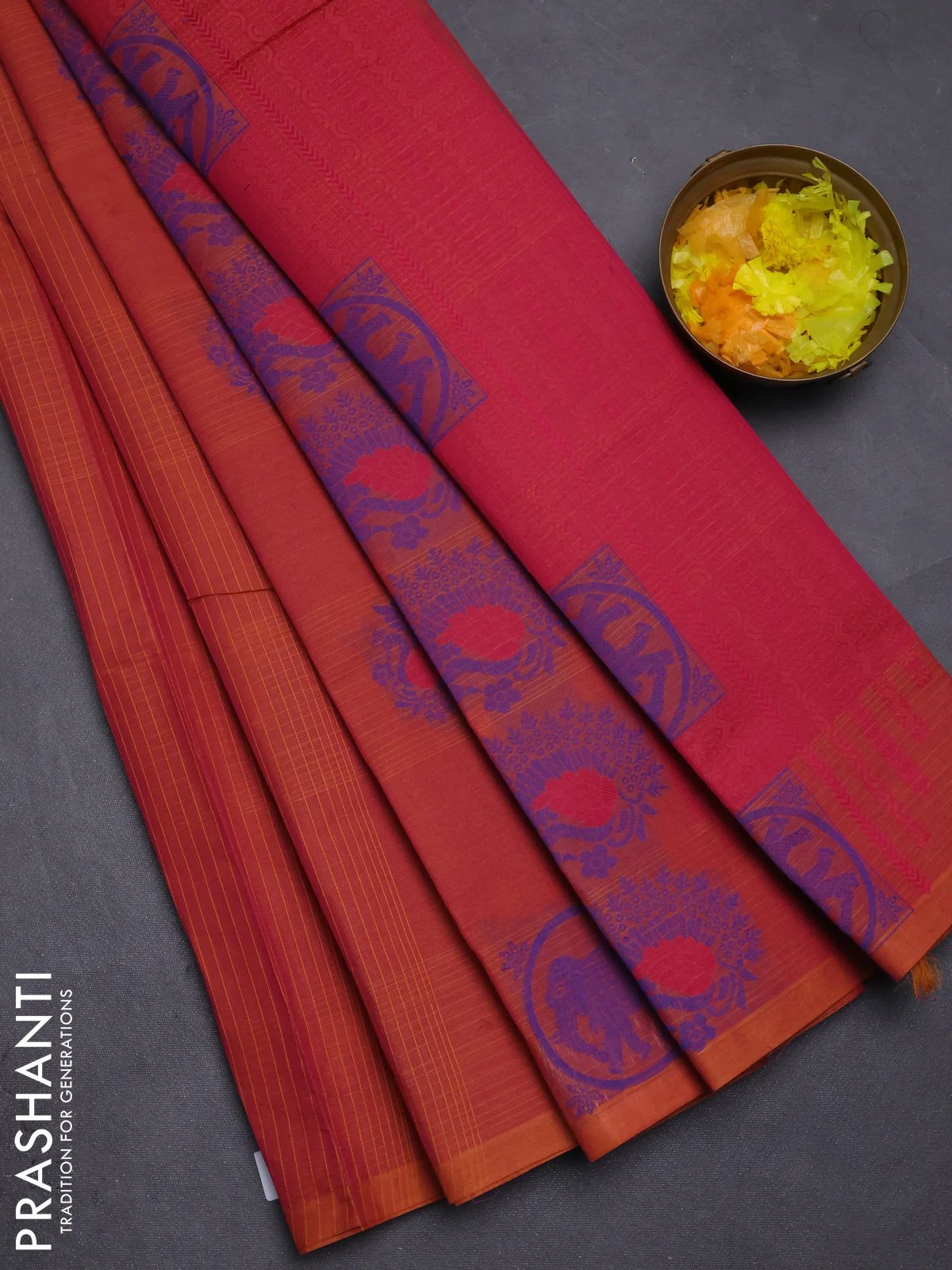 Nithyam cotton saree pinkish orange with allover thread checks pattern & buttas in borderless style