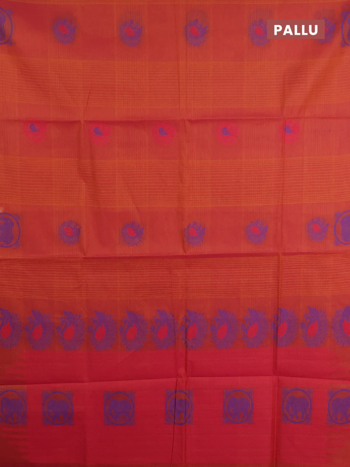 Nithyam cotton saree pinkish orange with allover thread checks pattern & buttas in borderless style - Image 3