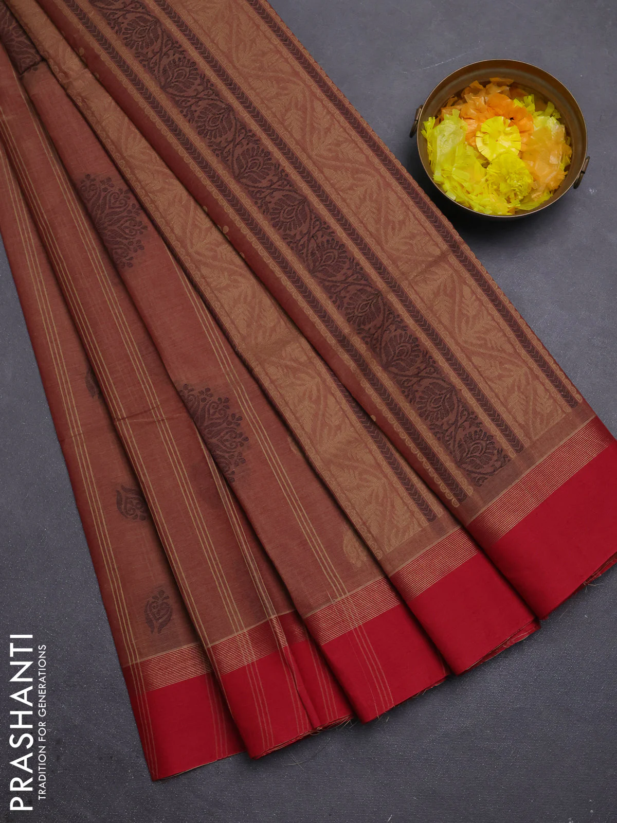 Nithyam cotton saree red shade and red with allover thread woven stripes pattern & buttas and zari woven simple border