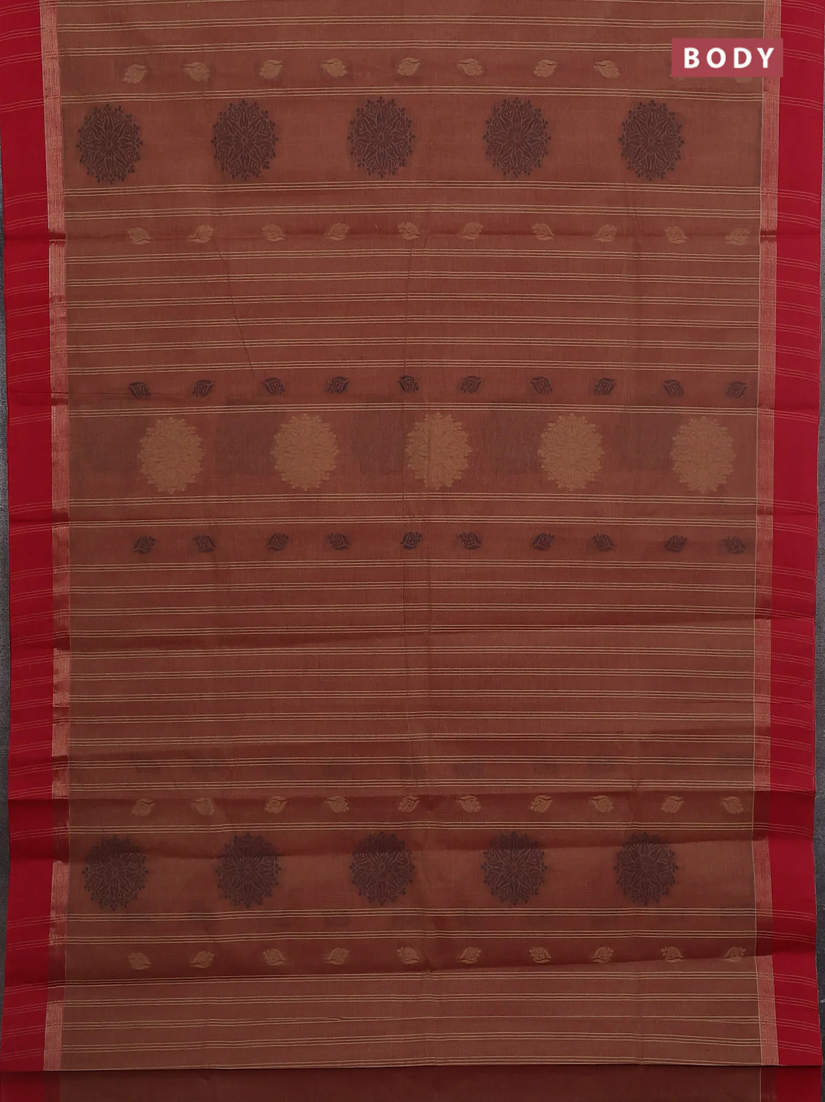Nithyam cotton saree red shade and red with allover thread woven stripes pattern & buttas and zari woven simple border - Image 2