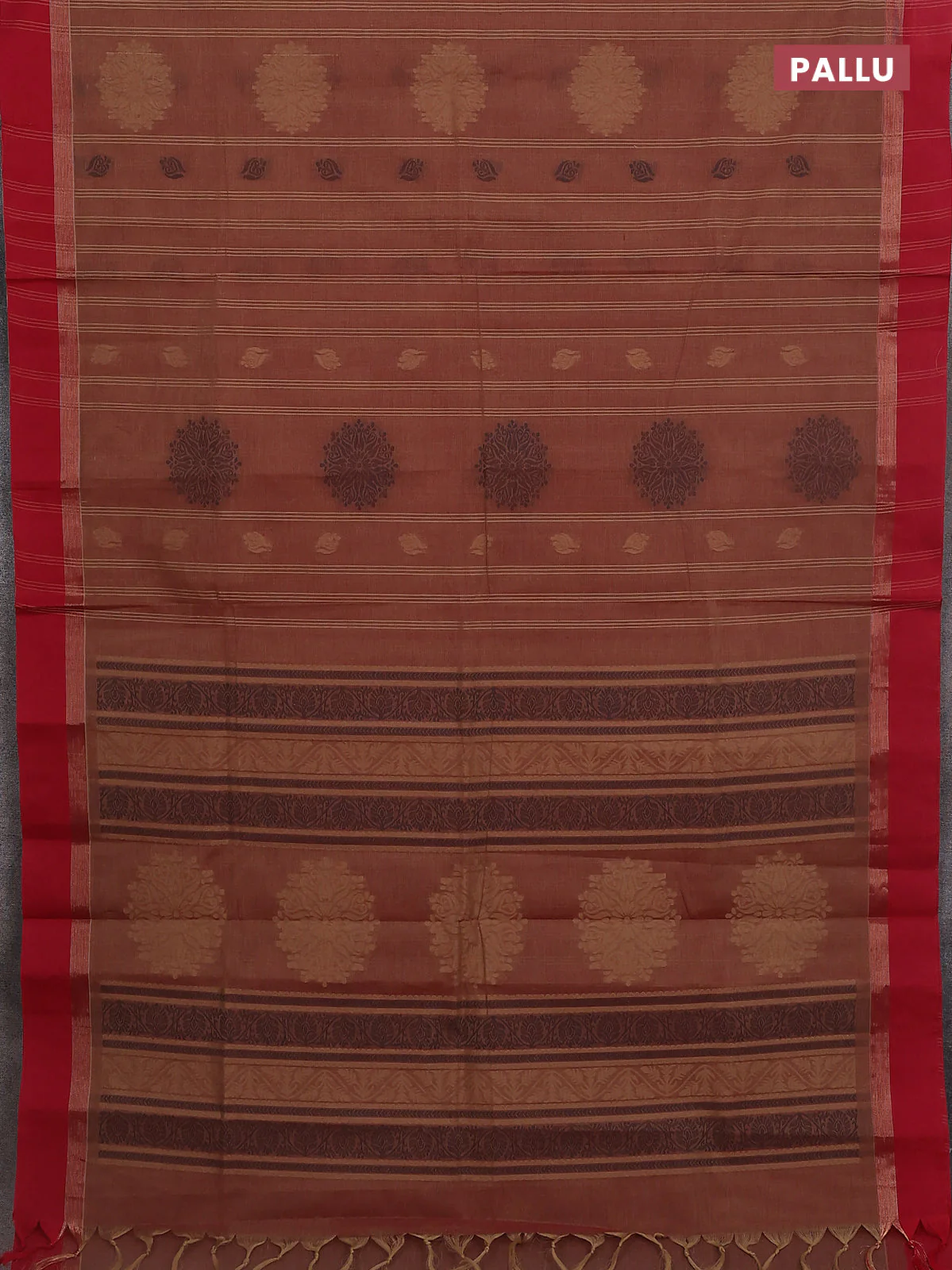 Nithyam cotton saree red shade and red with allover thread woven stripes pattern & buttas and zari woven simple border - Image 3
