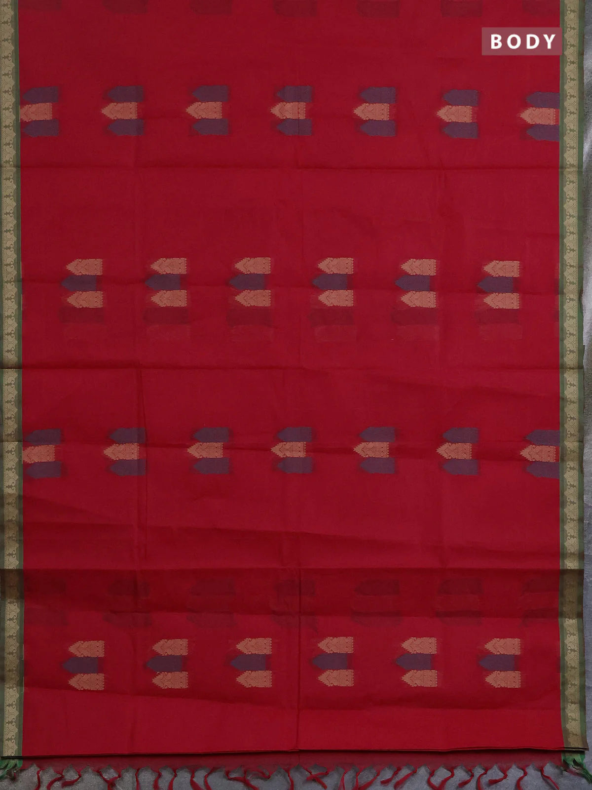 Nithyam cotton saree reddish pink and green with allover thread woven buttas and paisley thread woven border - Image 2